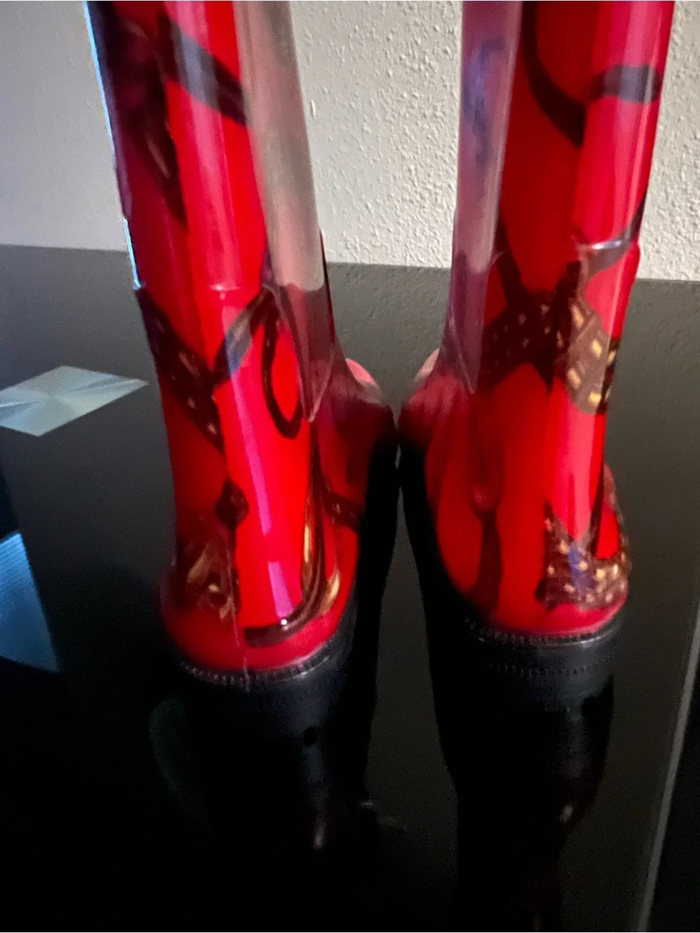 Lauren Ralph Lauren Red Patterned Gloss Rain Boots with Buckle Accent
